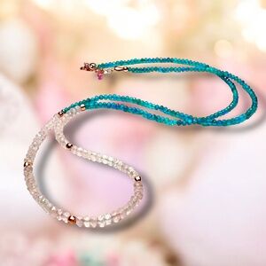 Natural Apatite, Rose Quartz Wrap Bracelet Convertible Necklace 14k Rose Gold